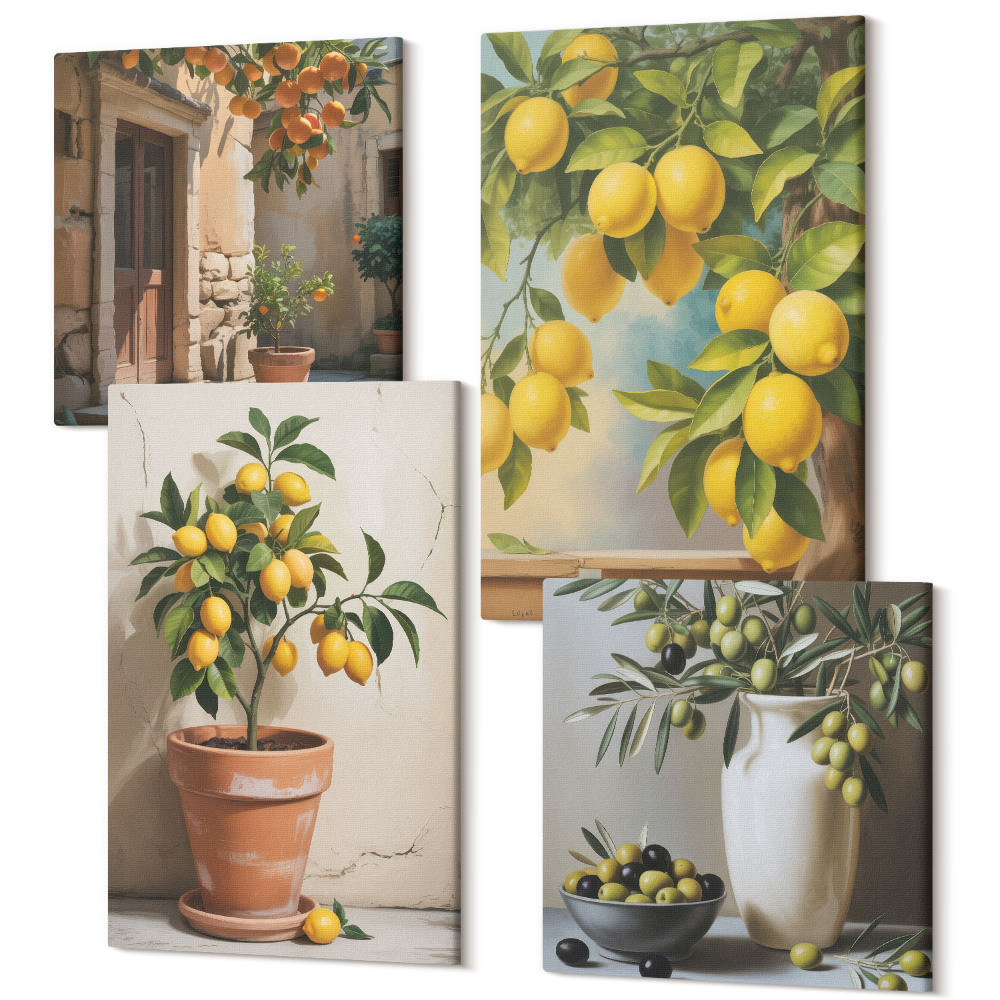 Sada obrazů kvadryptych Citronové stromy v květináčích a vázách