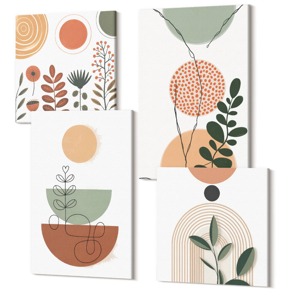 Sada obrazů na zeď kvadryptych Abstraktní tvary s barevnými rostlinnými motivy