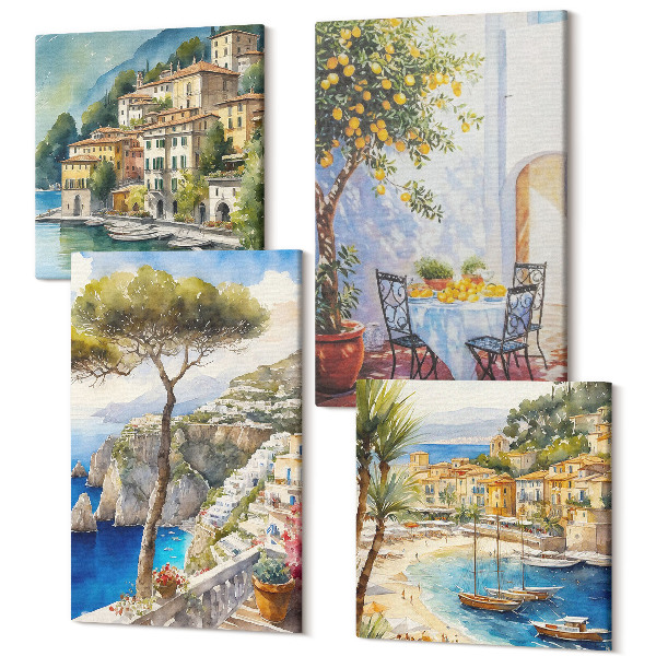Sada obrazů kvadryptych Italská přímořská města ve stylu akvarelu