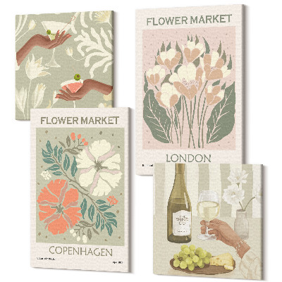 Sada 4 obrazů Květinové plakáty víno Copenhagen London