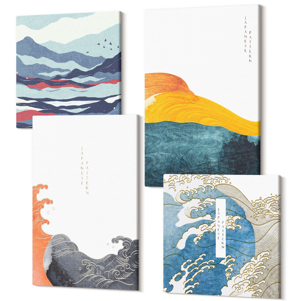 Sada obrazů kvadryptych Vlny a umění v japonském grafickém stylu