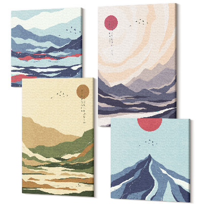 Sada 4 obrazů Hory v pastelových barvách stylu japandi