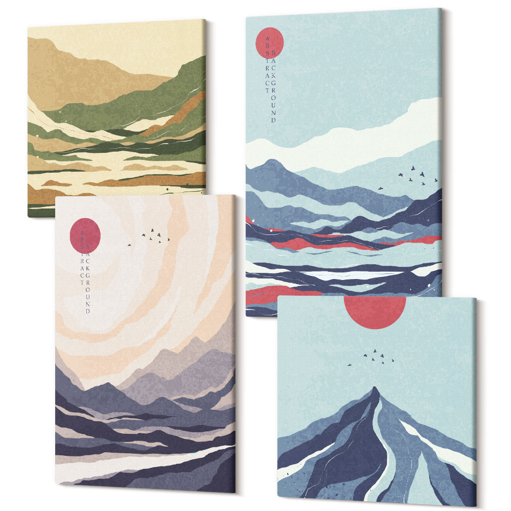 Sada obrazů na zeď kvadryptych Abstraktní horské krajiny v japonském stylu