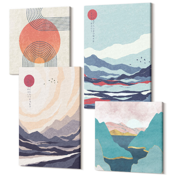 Sada obrazů kvadryptych Japonské abstraktní horské krajiny
