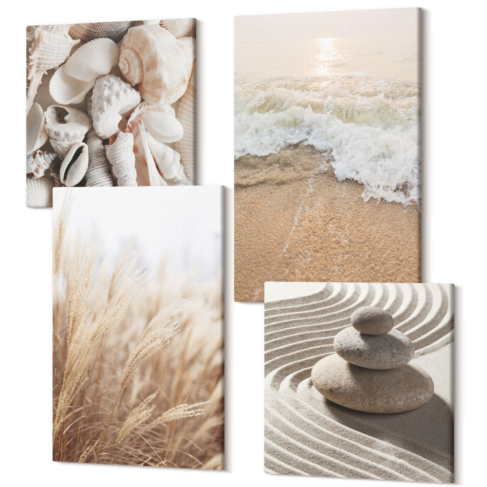 Sada obrazů kvadryptych Plážové motivy s mušlemi a mořskými vlnami