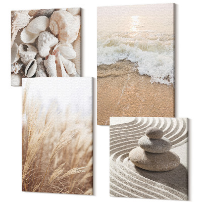 Sada obrazů kvadryptych Plážové motivy s mušlemi a mořskými vlnami