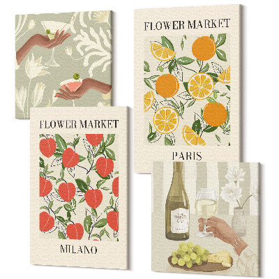 Sada obrazů na zeď kvadryptych Květinové plakáty a víno Milán Paříž