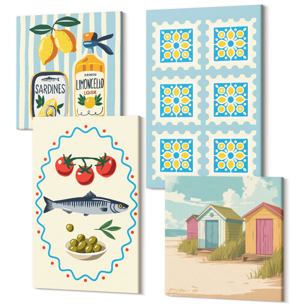 Sada 4 obrazů Ilustrace kuchyně ve středomořském stylu