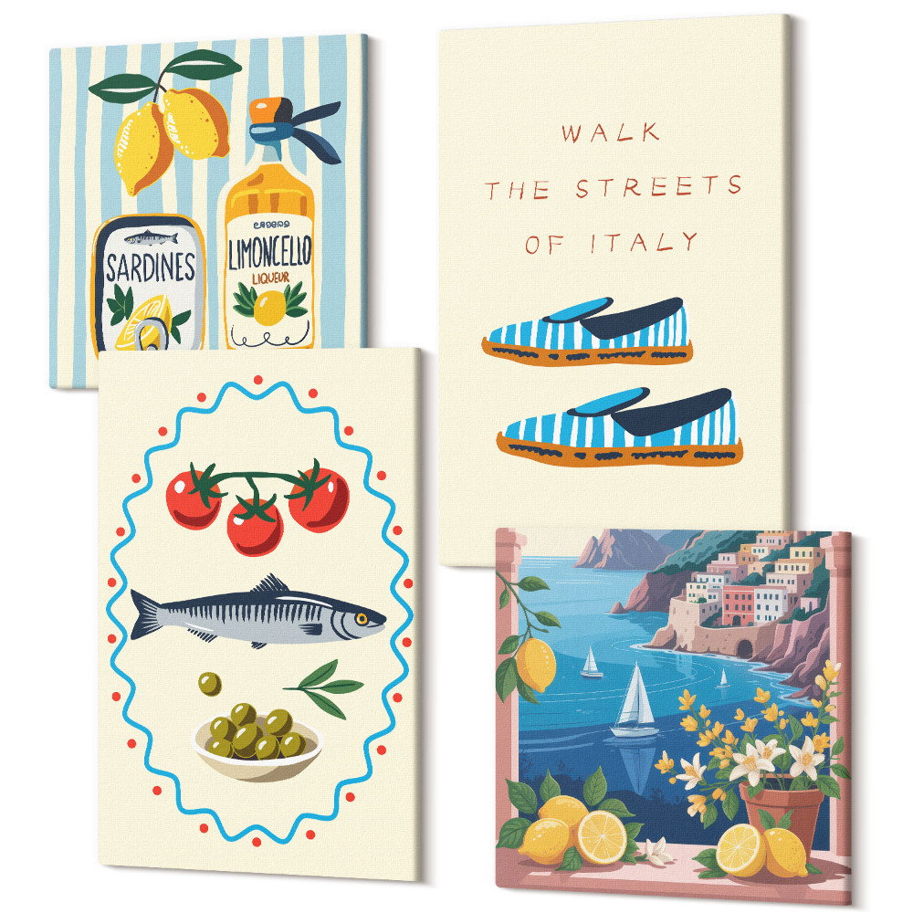 Sada obrazů kvadryptych Italské chutě a životní styl v barevných obrazech