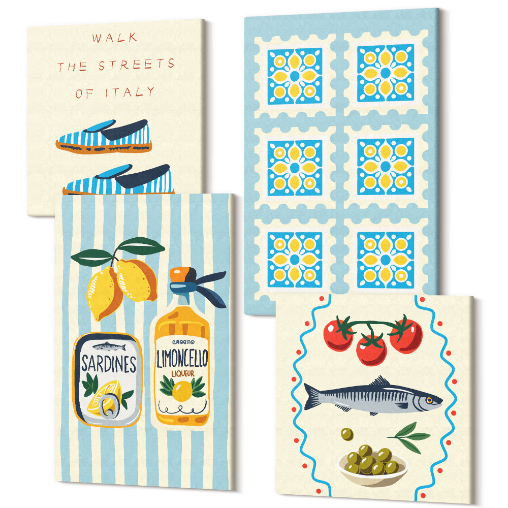 Sada obrazů na zeď kvadryptych Ovocné vzory a prvky italské kultury