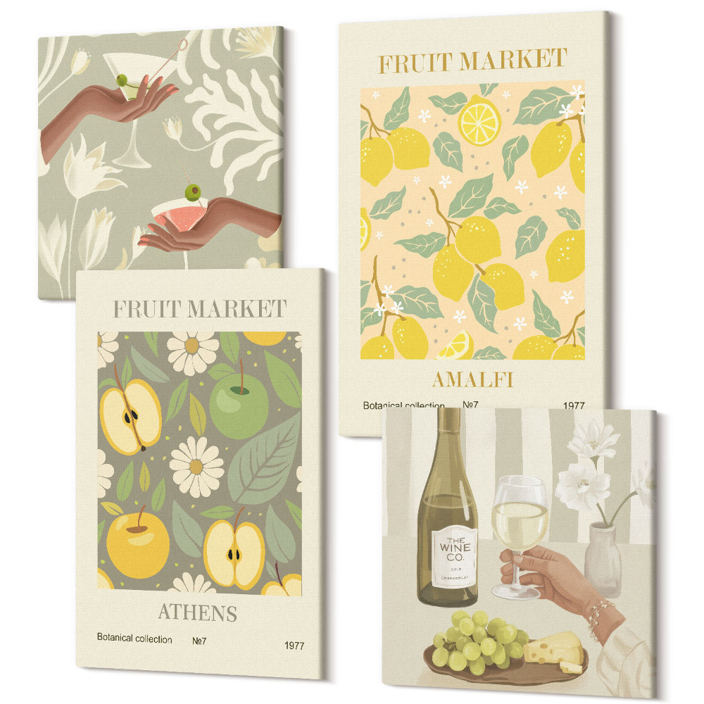 Sada obrazů kvadryptych Ovocné vzory plakáty italské víno