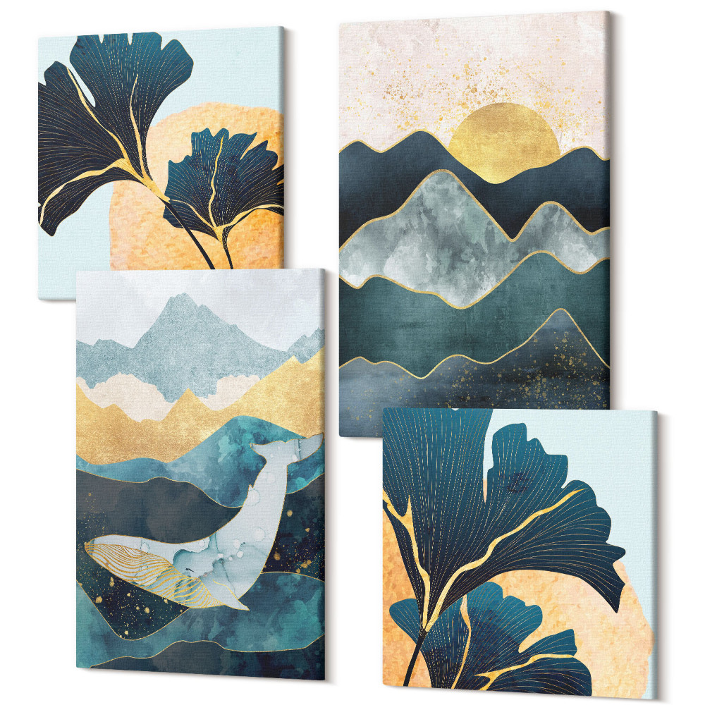 Sada obrazů na zeď kvadryptych Abstraktní estetické pohledy s horami a rostlinami