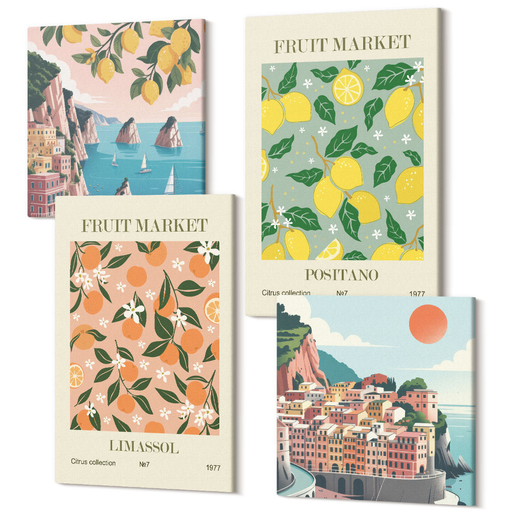 Sada 4 obrazů Citrusy a tropické ovoce, italský styl