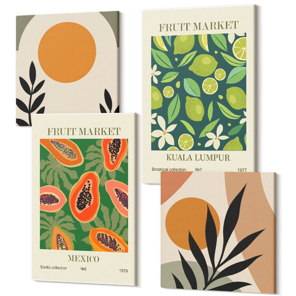 Sada 4 obrazů Boho ovocné vzory papájová limetka
