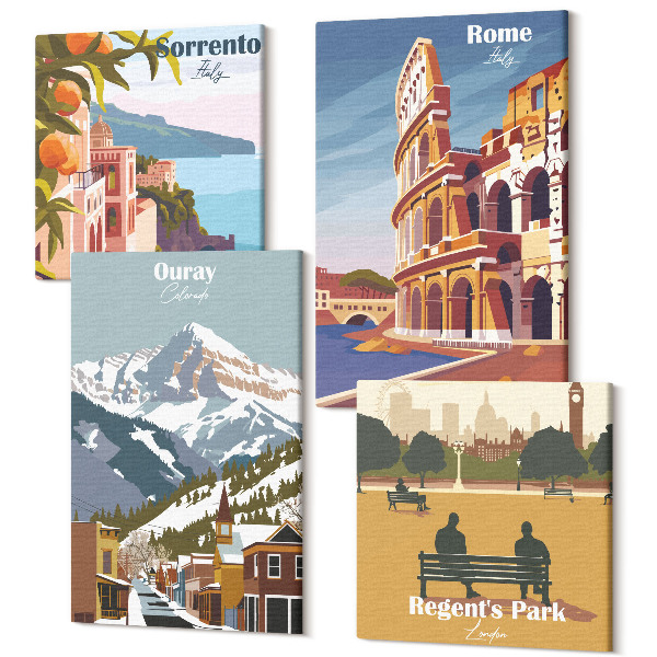 Sada obrazů kvadryptych Retro ilustrace slavných oblastí světa