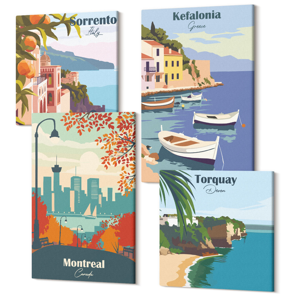 Sada obrazů na zeď kvadryptych Retro pohledy na města a krajinu z celého světa