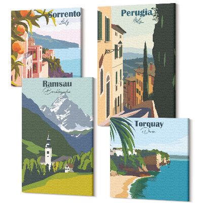 Sada obrazů na zeď kvadryptych Horské krajiny a ulice evropských měst