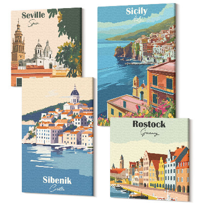 Sada 4 obrazů Krajiny evropských měst s barevnými budovami