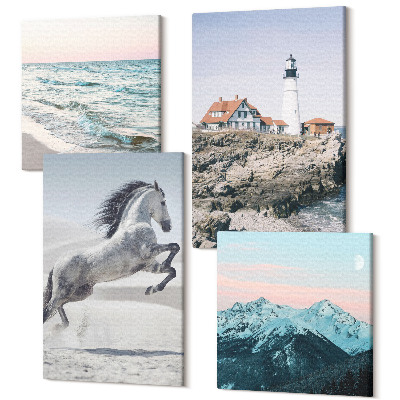 Sada obrazů kvadryptych Koně v pohybu pláž a maják hory