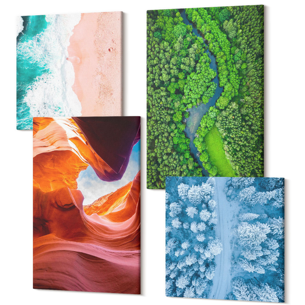 Sada obrazů na zeď kvadryptych Voda v pohybu kaňonu a zelené lesní zimní přírody