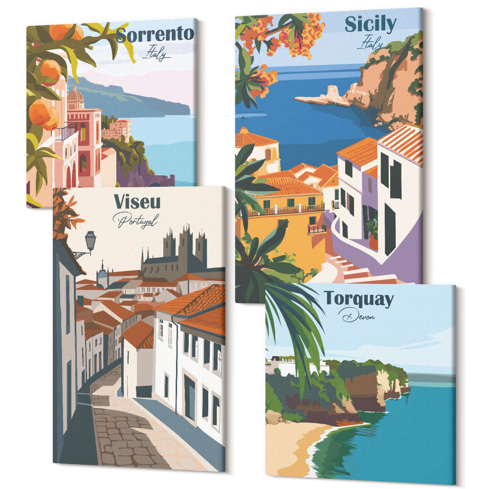 Sada 4 obrazů Retro ilustrace slavných měst po celém světě