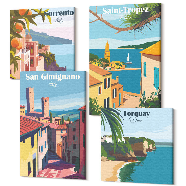 Sada obrazů kvadryptych Italská města a retro přímořské krajiny