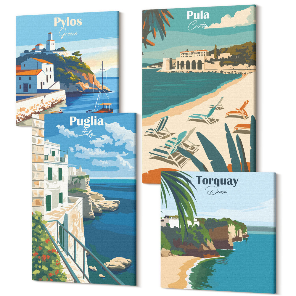 Sada obrazů na zeď kvadryptych Malebné přímořské krajiny z turistických destinací
