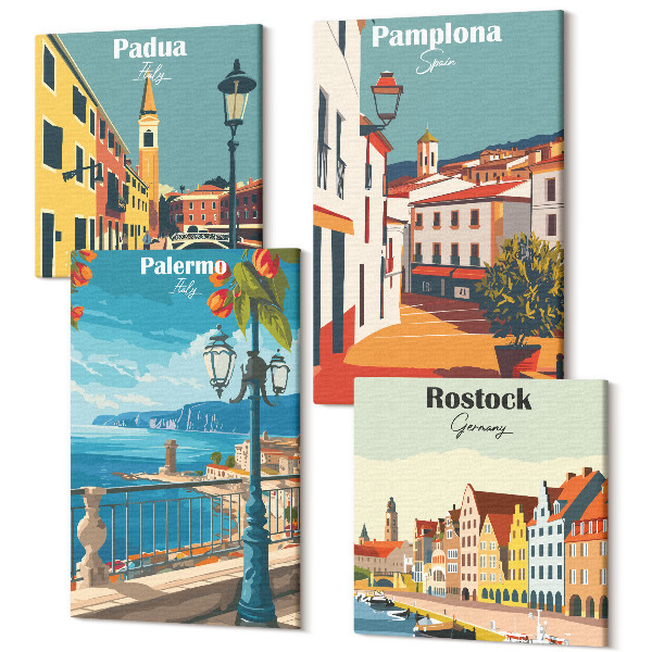 Sada obrazů kvadryptych Oblíbená města v retro názorném stylu