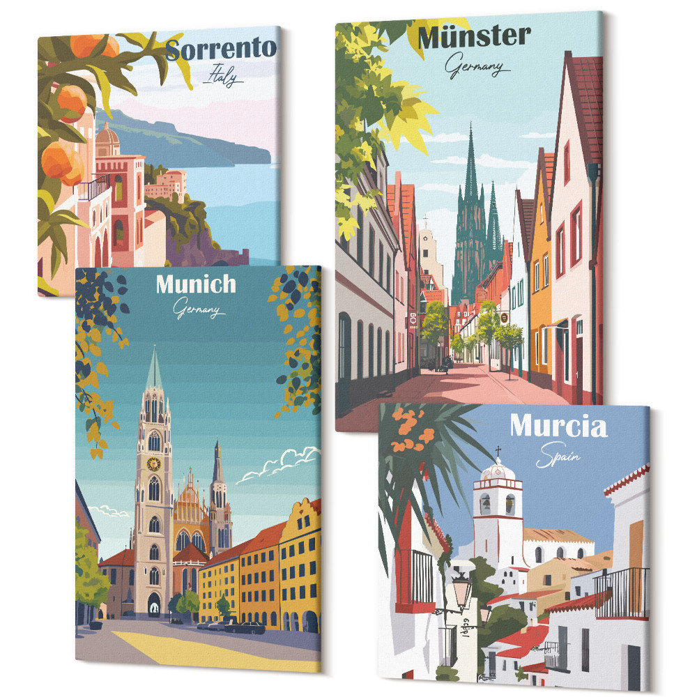 Sada obrazů na zeď kvadryptych Evropská města v barevných ilustracích