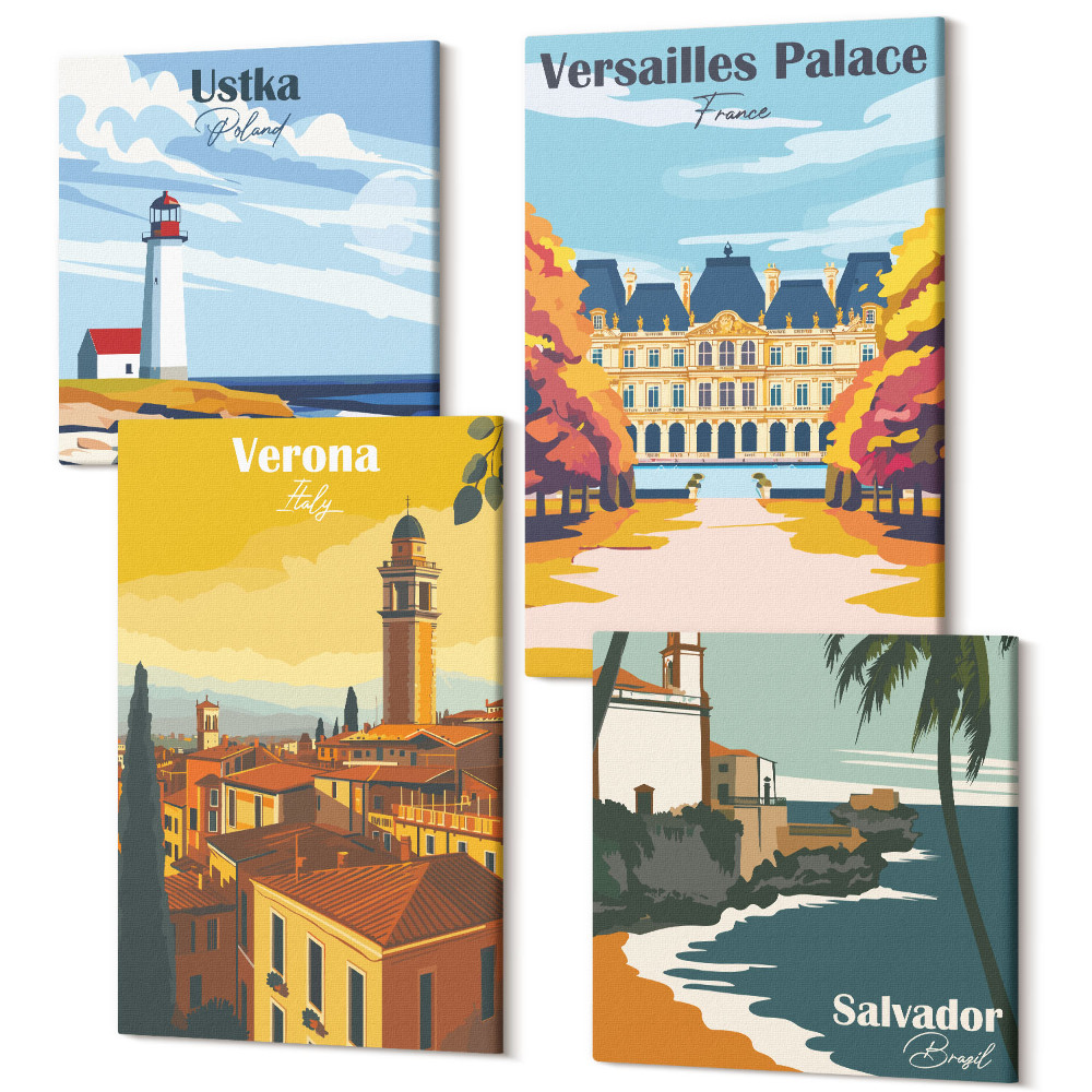 Sada 4 obrazů Pohledy na známá místa u moře a ve městech