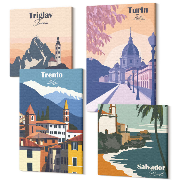 Sada obrazů kvadryptych Hory a retro architektura barevné ilustrace