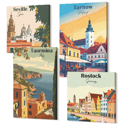 Sada 4 obrazů Pohledy na pobřežní města a jejich architekturu