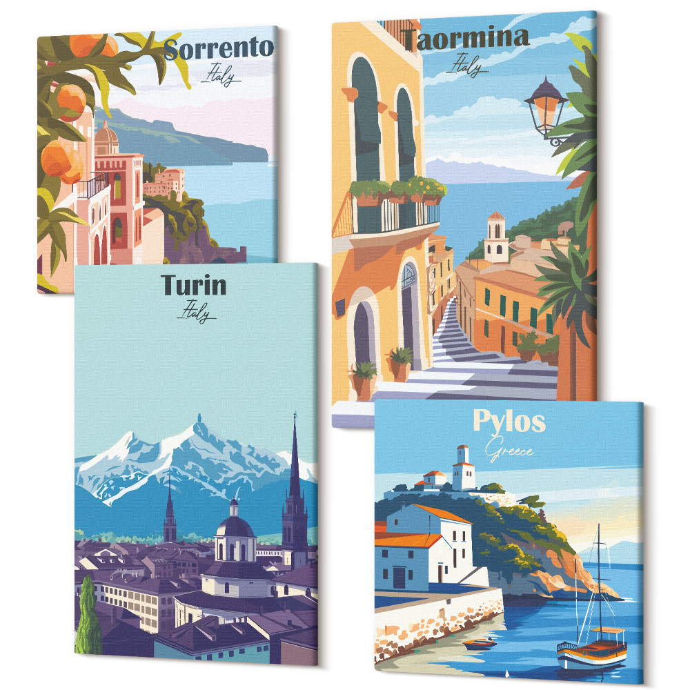 Sada obrazů na zeď kvadryptych Barevné, ilustrativní městské panorámy v retro stylu