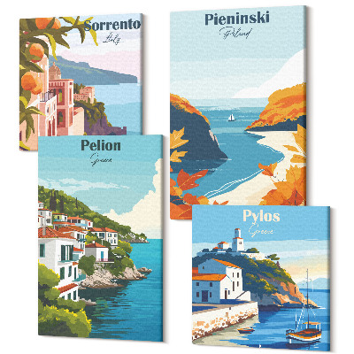 Sada 4 obrazů Malebné krajiny v retro stylu