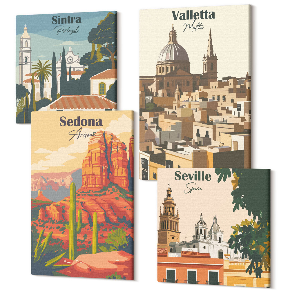 Sada obrazů na zeď kvadryptych Retro panoráma města Sedona Sintra Seville Valletta