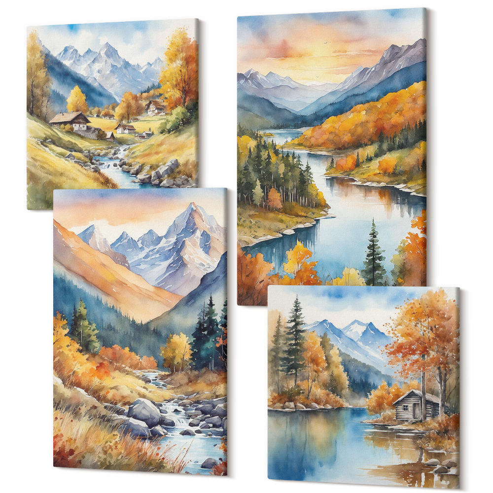 Sada obrazů na zeď kvadryptych Horská krajina s řekou a podzimními stromy