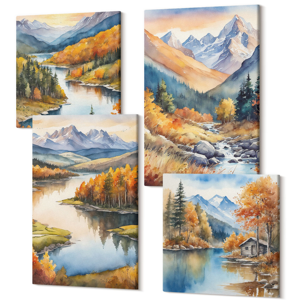 Sada 4 obrazů Výhled na hory s řekou a podzimními stromy