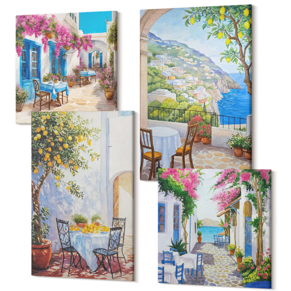 Sada obrazů na zeď kvadryptych Okouzlující uličky s kvetoucími rostlinami a výhledem na moře