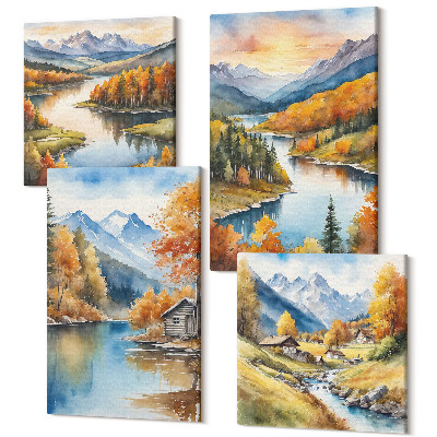 Sada obrazů kvadryptych Podzimní horské krajiny s řekou a chatou u vody