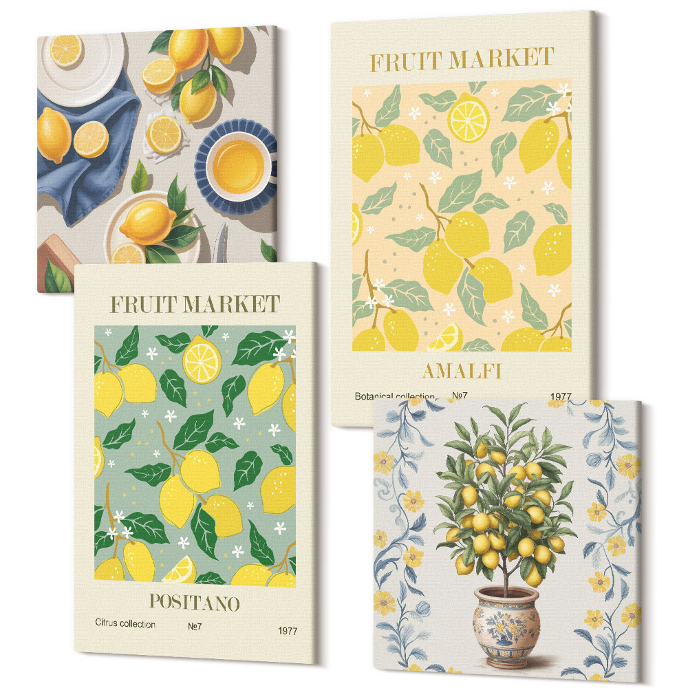 Sada obrazů na zeď kvadryptych Citrusový strom a ovoce italské plakáty