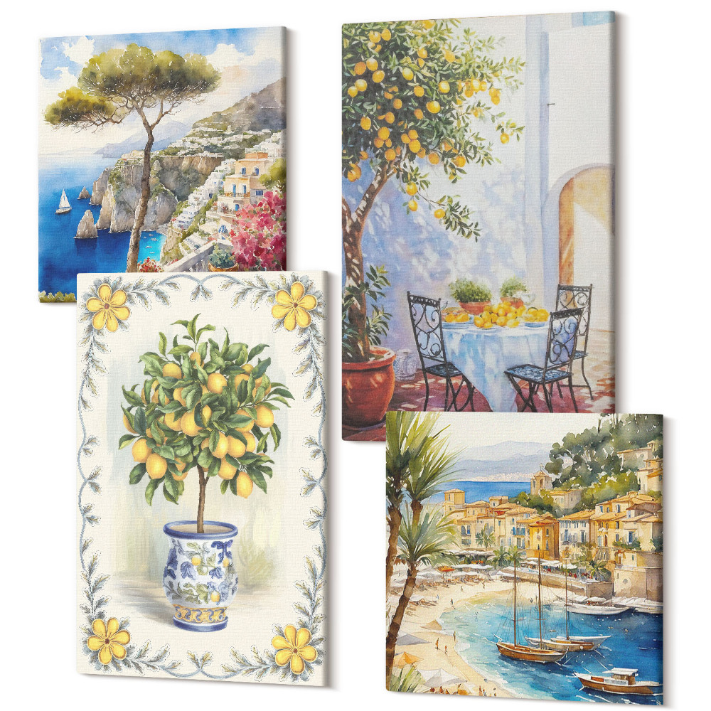 Sada 4 obrazů Výhled na moře s citroníky