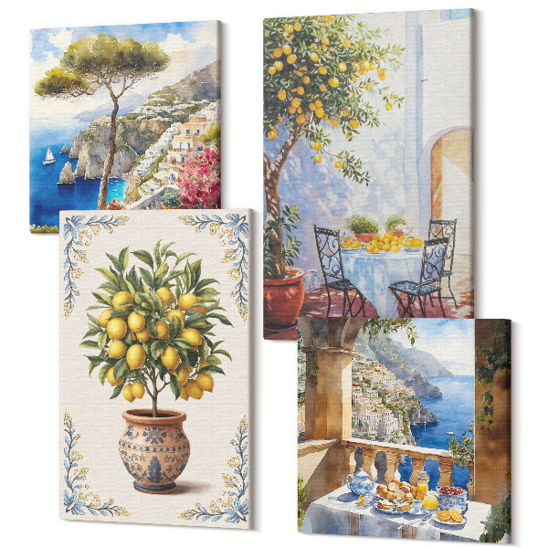 Sada obrazů kvadryptych Výhled na moře s citroníkem a zahradním stolem