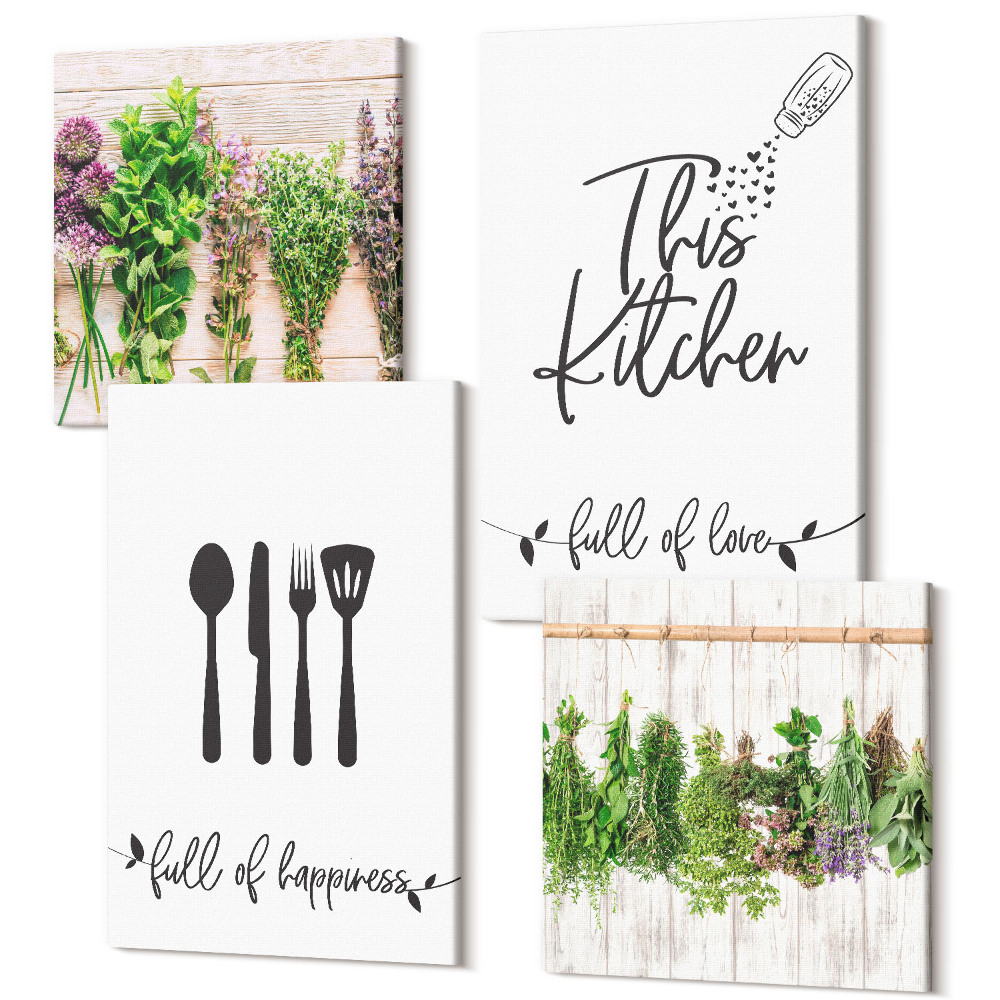 Sada obrazů na zeď kvadryptych Kuchyňské značky sušené bylinky a rostliny