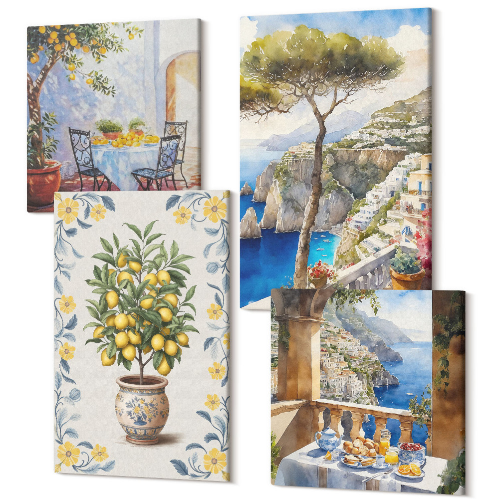 Sada 4 obrazů Výhled na moře s citronovníky italské malby