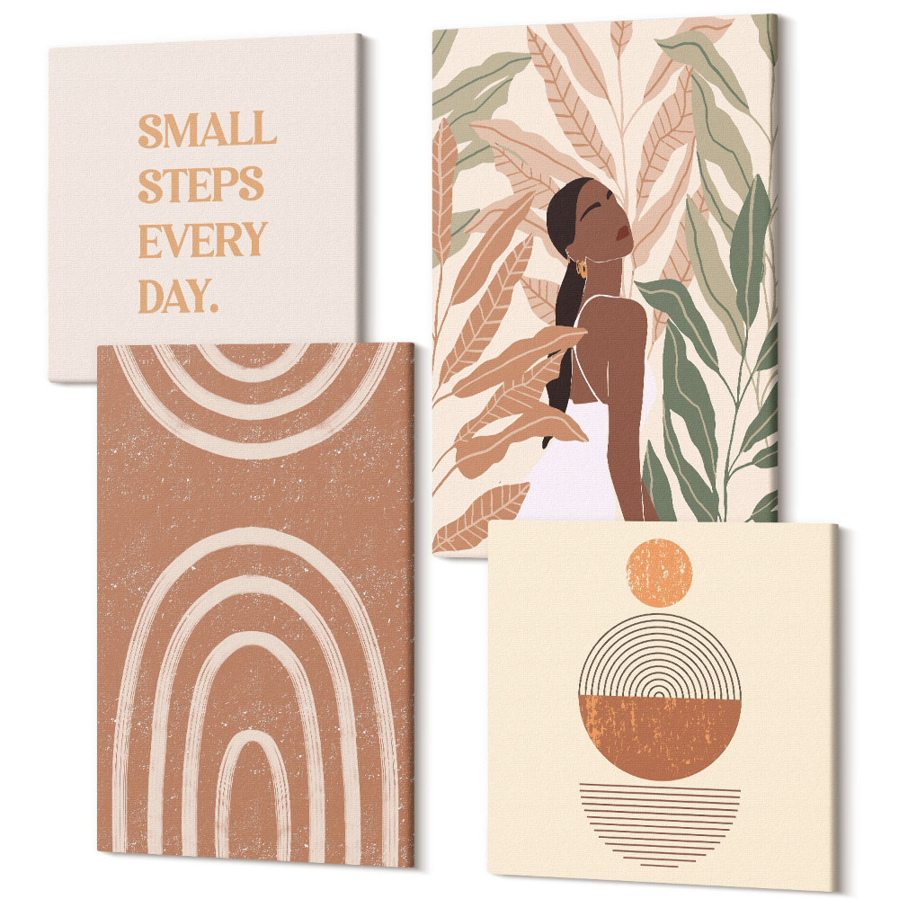 Sada 4 obrazů Stylové vzory s rostlinnými motivy a geometrickými tvary