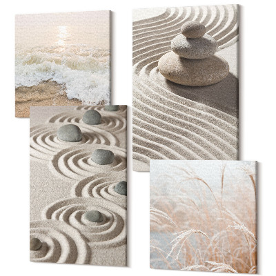 Sada 4 obrazů Klidné vlny písku a vody s kameny na pláži