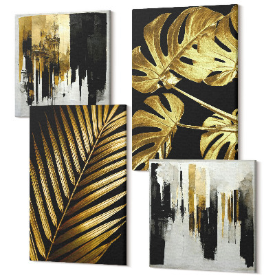 Sada obrazů na zeď kvadryptych Palmové listy, monstera listy, elegantní abstrakta