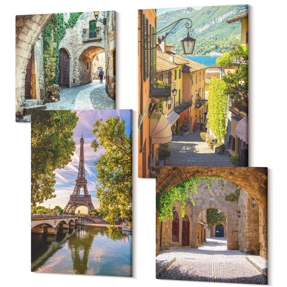 Sada 4 obrazů Krásné uličky, historická architektura, Eiffelova věž