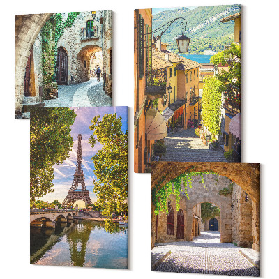Sada 4 obrazů Krásné uličky, historická architektura, Eiffelova věž