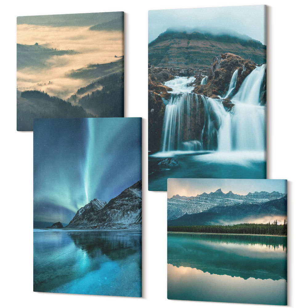 Sada obrazů kvadryptych Zimní krajina s vodopády a polární záři